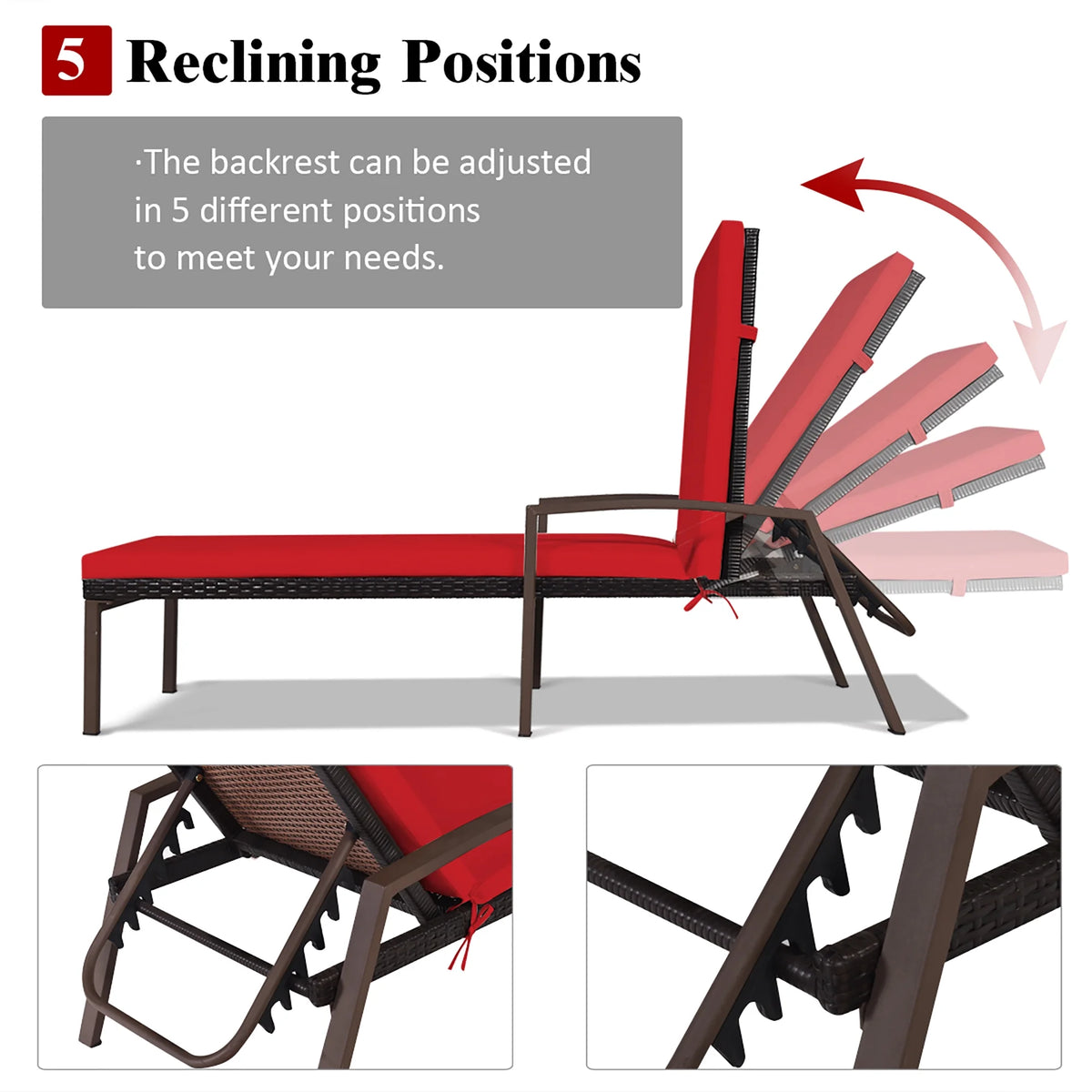 Costway Lot de 2 chaises longues de jardin en rotin, inclinables avec dossier réglable et coussinés, rouges