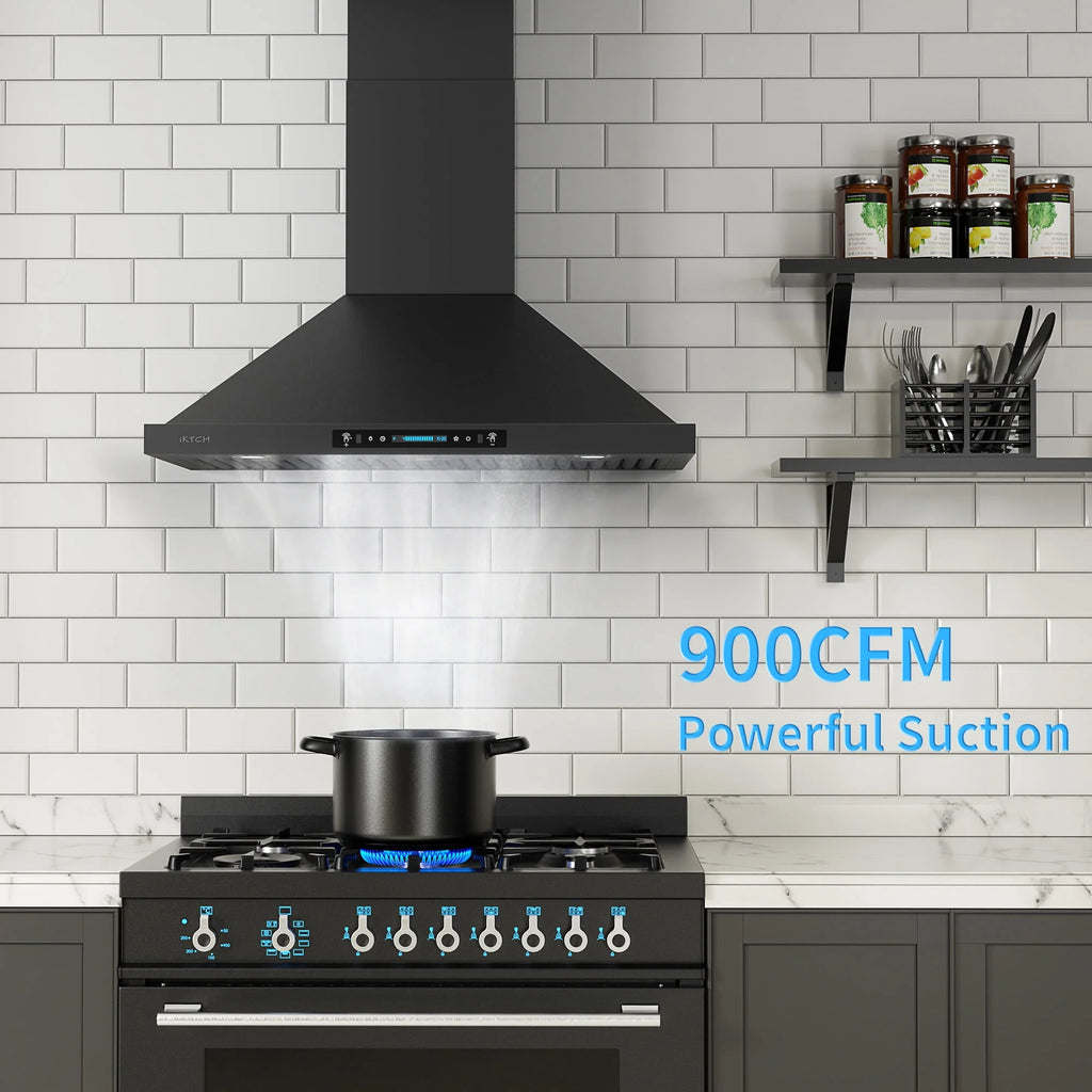 Hotte de cuisine murale noire IKTCH de 30 pouces, hotte d’extraction en acier inoxydable de 900 CFM avec évacuation par conduit ou recyclage, détection gestuelle et panneau de commande tactile, 2 éclairages réglables (IKP02-30-BSS)