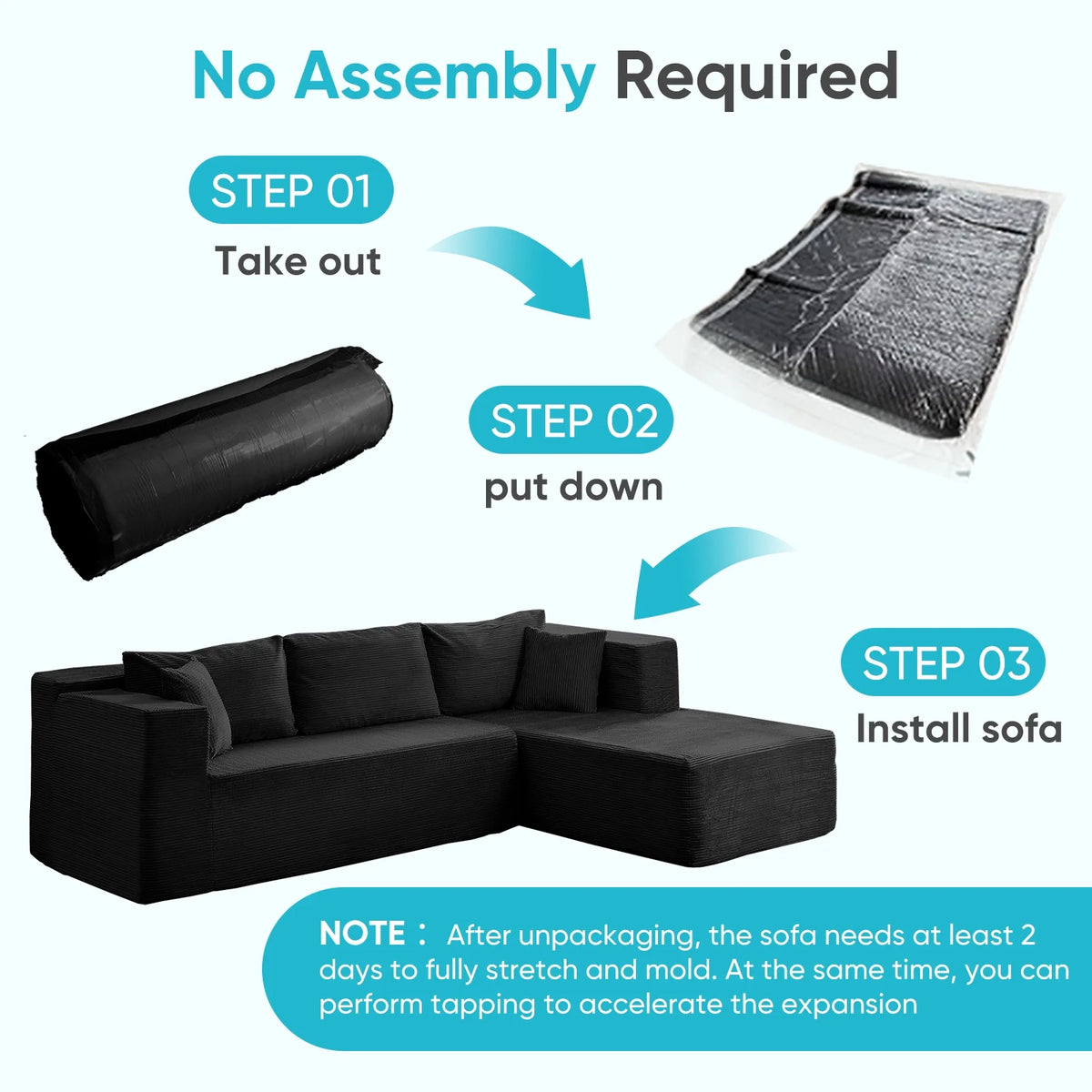 Canapé d’angle ZAFLY 106 Cloud avec méridienne, sans assemblage, canapé-lit en L, canapé modulable surdimensionné à assise profonde pour salon – droite, noir