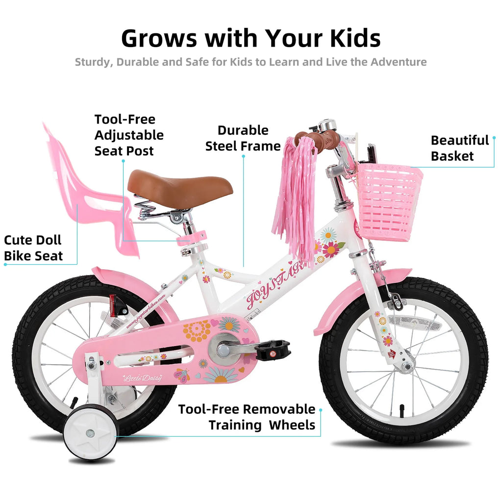 JOYSTAR Little Daisy Vélo pour enfant 14 pouces pour filles de 3 4 5 ans Vélo de princesse pour enfants avec freins à main Roues stabilisatrices Panier Serpentins Vélo pour tout-petits Bleu