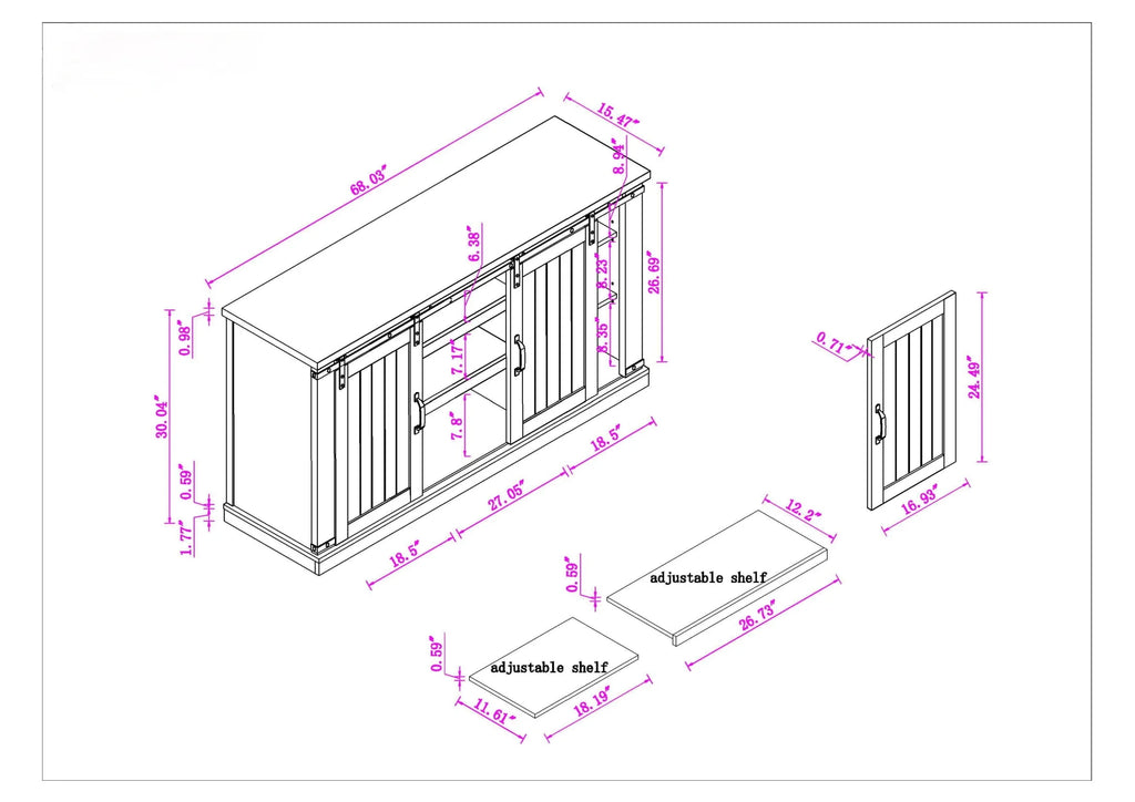 Meuble TV rustique FESTIVO pour téléviseur 75 pouces, centre de divertissement, meuble TV avec porte de grange coulissante, console TV de 68 pouces, meuble multimédia de salon avec étagère réglable - Blanc cassé