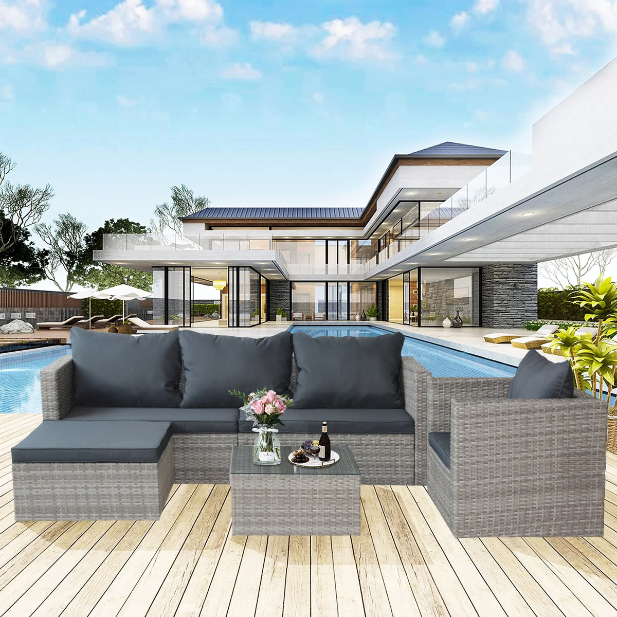 Ensemble de canapés de jardin en rotin, 4 pièces, salon d’angle d’extérieur en résine tressée PE résistante aux intempéries, ensemble de conversation avec coussins et table en verre pour terrasse, jardin, bord de piscine ou deck