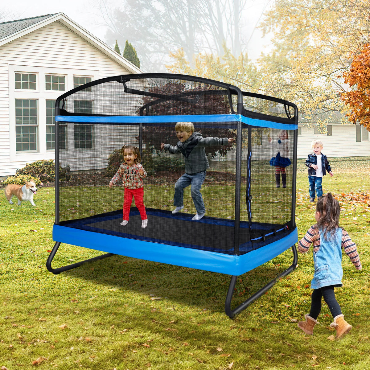 GIKPAL Trampoline pour enfants 3-en-1 avec balançoire, trampoline rectangulaire de 6 pieds pour tout-petits, intérieur/extérieur pour les 3 à 8 ans, tapis de saut robuste pour jouer dans le jardin, bleu