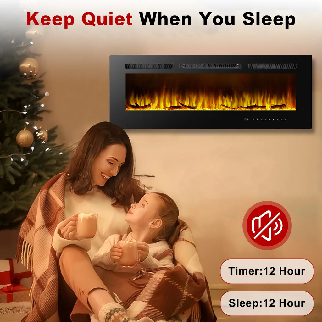 Cheminée électrique 60, cheminée encastrable ultra-fine et murale, cheminée linéaire avec minuterie, télécommande, couleur de flamme réglable, 750 w/1 500 w, noire