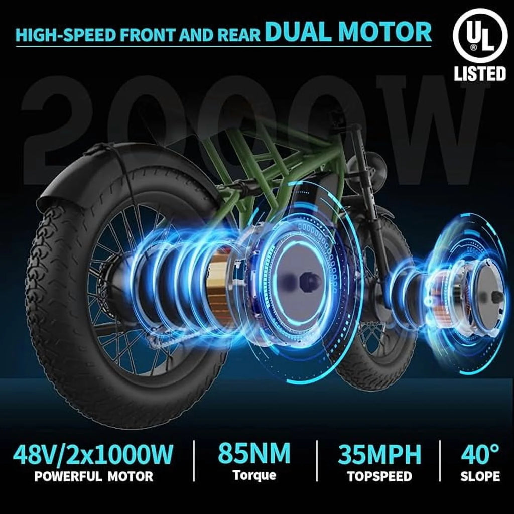 Vélo électrique Freego F3 Pro 2000W à double moteur pour adultes,  & double batterie 48V/40Ah, vélo électrique tout-terrain à pneus larges 20x4.0 avec batterie amovible, 34MPH&68 Longue autonomie E Bike UL2849