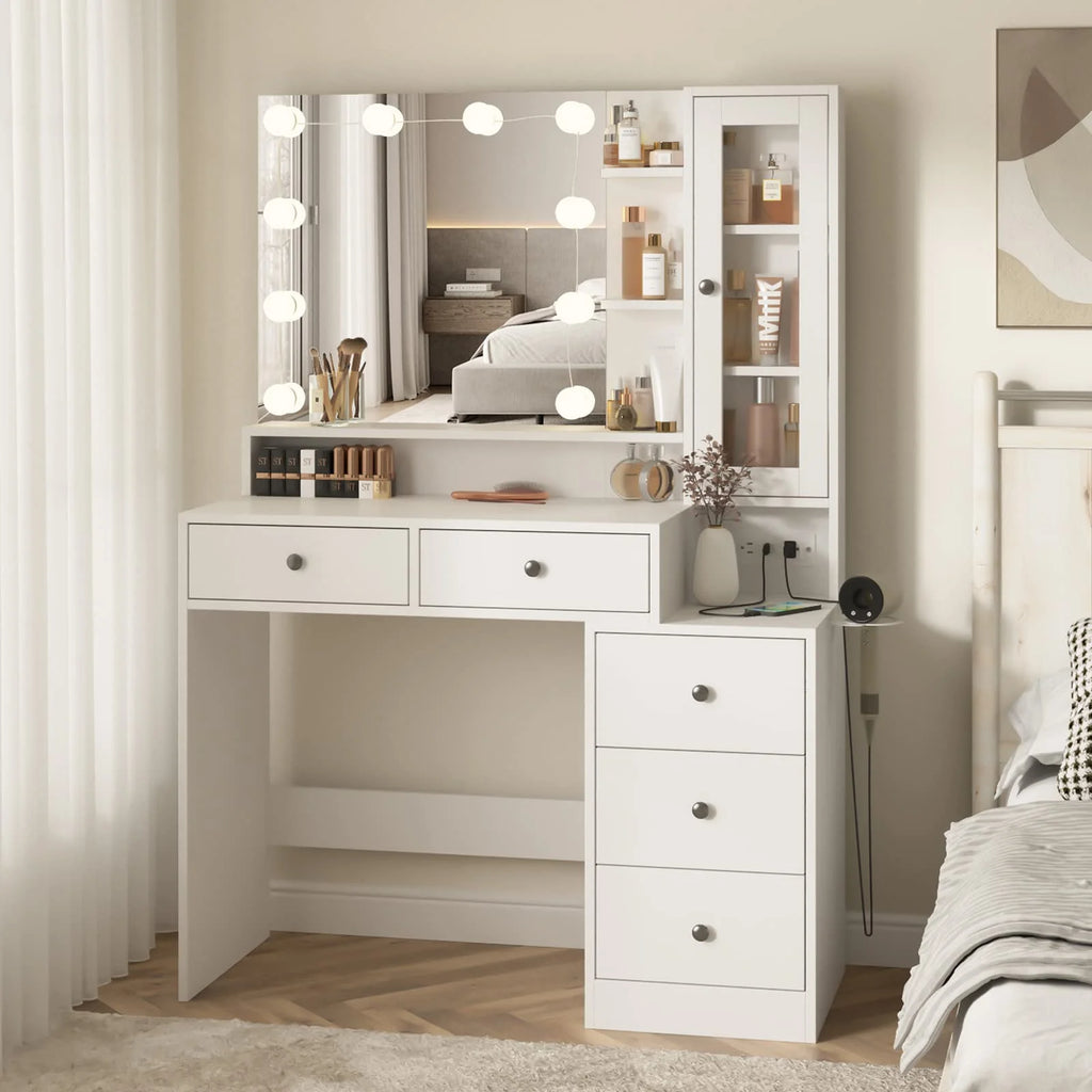 Coiffeuse VEANERWOOD avec miroir éclairé et bloc multiprise, table de maquillage moderne avec 5 tiroirs, blanc