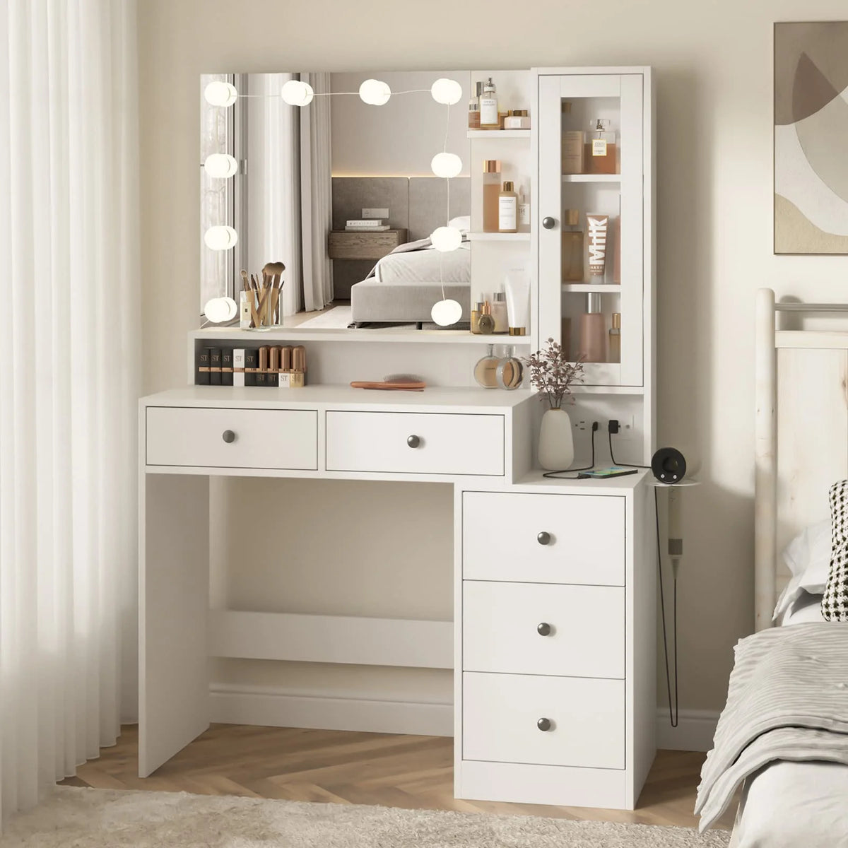 Coiffeuse VEANERWOOD avec miroir éclairé et bloc multiprise, table de maquillage moderne avec 5 tiroirs, blanc