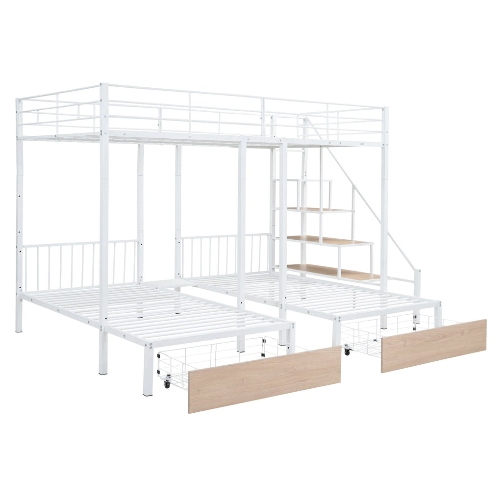 Lit superposé triple Bellemave avec escalier, lit superposé en métal avec lit double au-dessus et deux lits simples en dessous, tiroirs de rangement, robuste, pour 3 enfants, adolescents, garçons et filles (blanc)