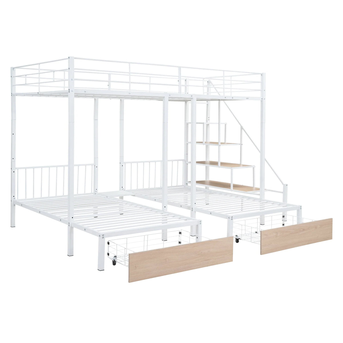Lit superposé triple Bellemave avec escalier, lit superposé en métal avec lit double au-dessus et deux lits simples en dessous, tiroirs de rangement, robuste, pour 3 enfants, adolescents, garçons et filles (blanc)
