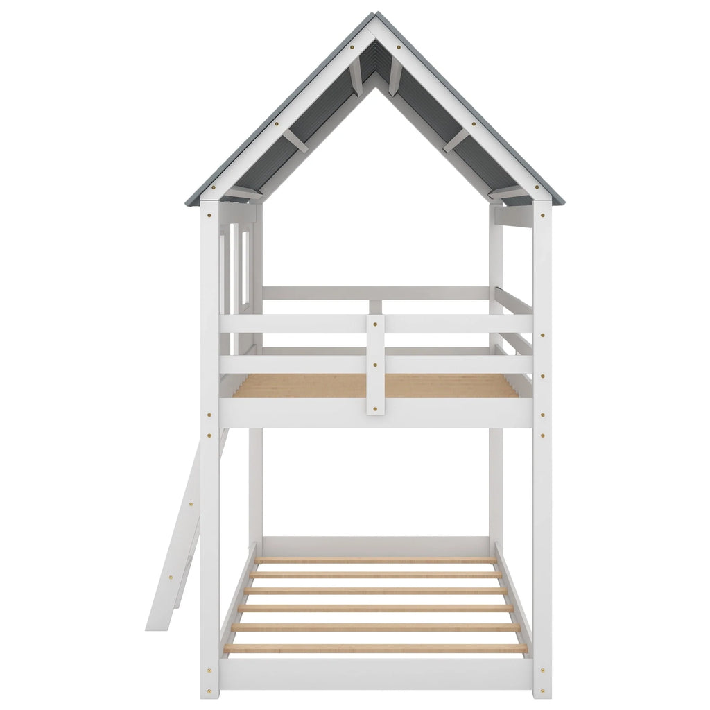 Lit superposé bas Euroco avec deux lits simples, toit et barrière de sécurité pour chambre d’enfant, blanc
