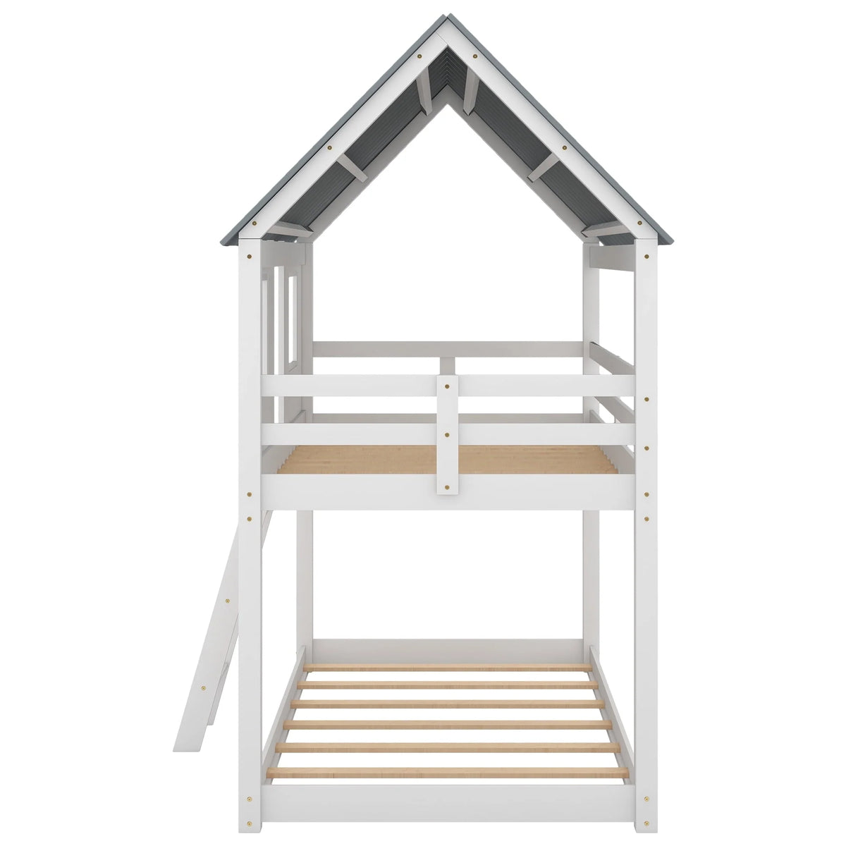 Lit superposé bas Euroco avec deux lits simples, toit et barrière de sécurité pour chambre d’enfant, blanc