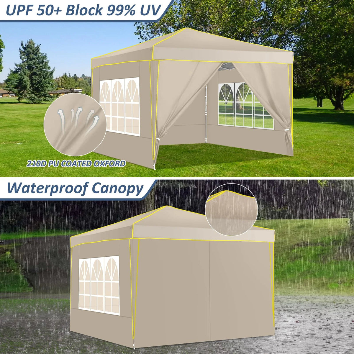 HOTEEL Chapiteau pop-up 10x10 avec murs latéraux, Tente imperméable pour fêtes et événements de mariage, Gazébo d'extérieur instantané avec sac de transport, piquets, cordes et sacs de sable, Noir
