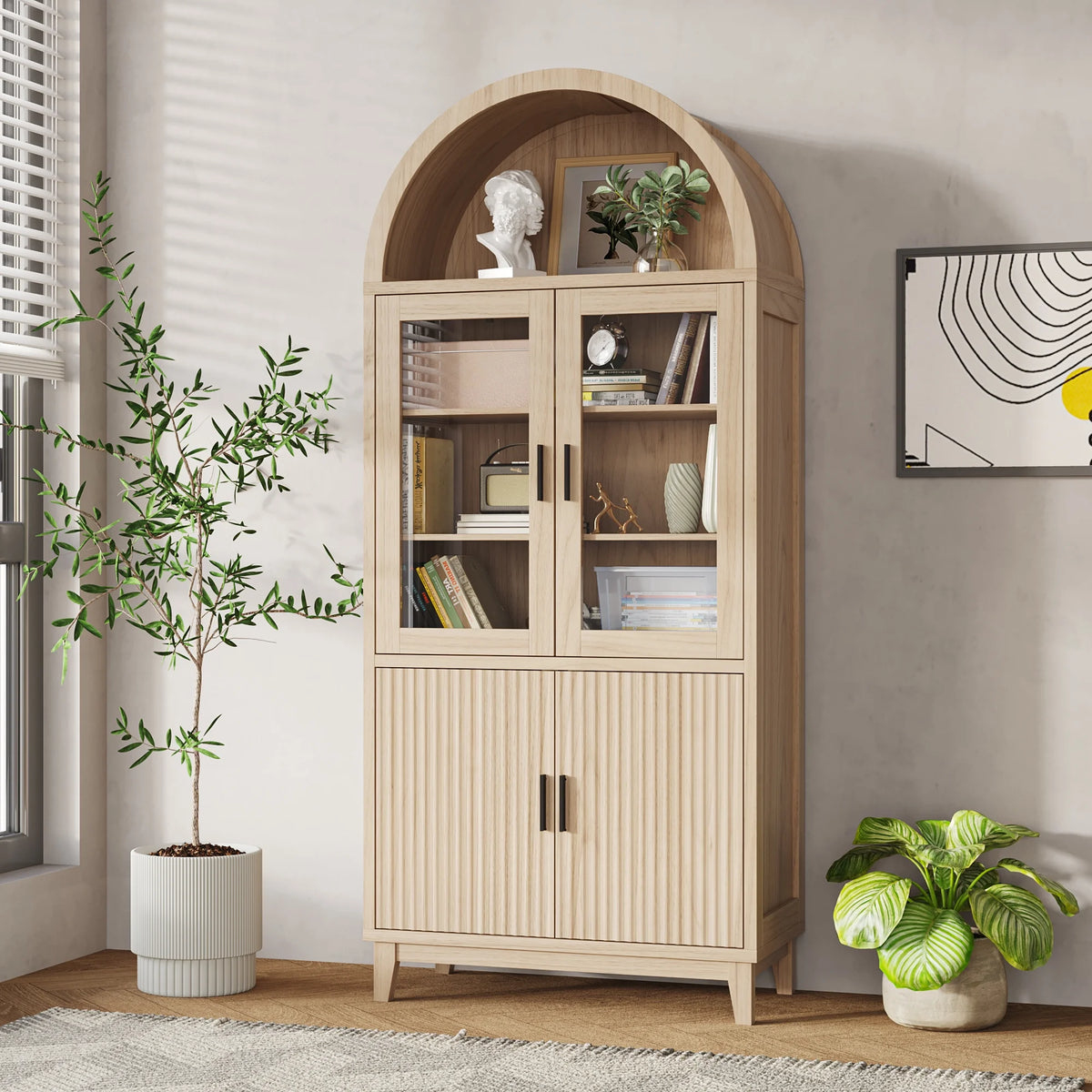 VEANERWOOD 71 Armoire haute cintrée, meuble de rangement de cuisine en bois cannelé avec 4 portes et 6 étagères pour salle à manger et salon