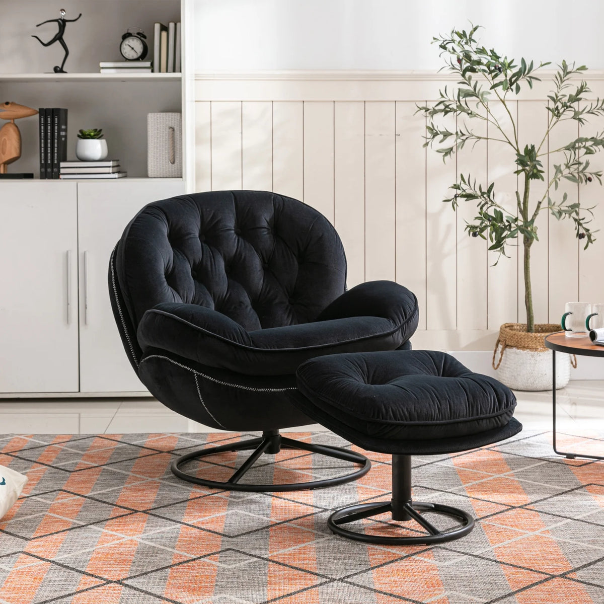 Fauteuil d'appoint pivotant en velours avec pouf, fauteuil méridienne moderne avec structure en métal et repose-pieds, fauteuil confortable pour la lecture, salon, chambre, bureau, bleu