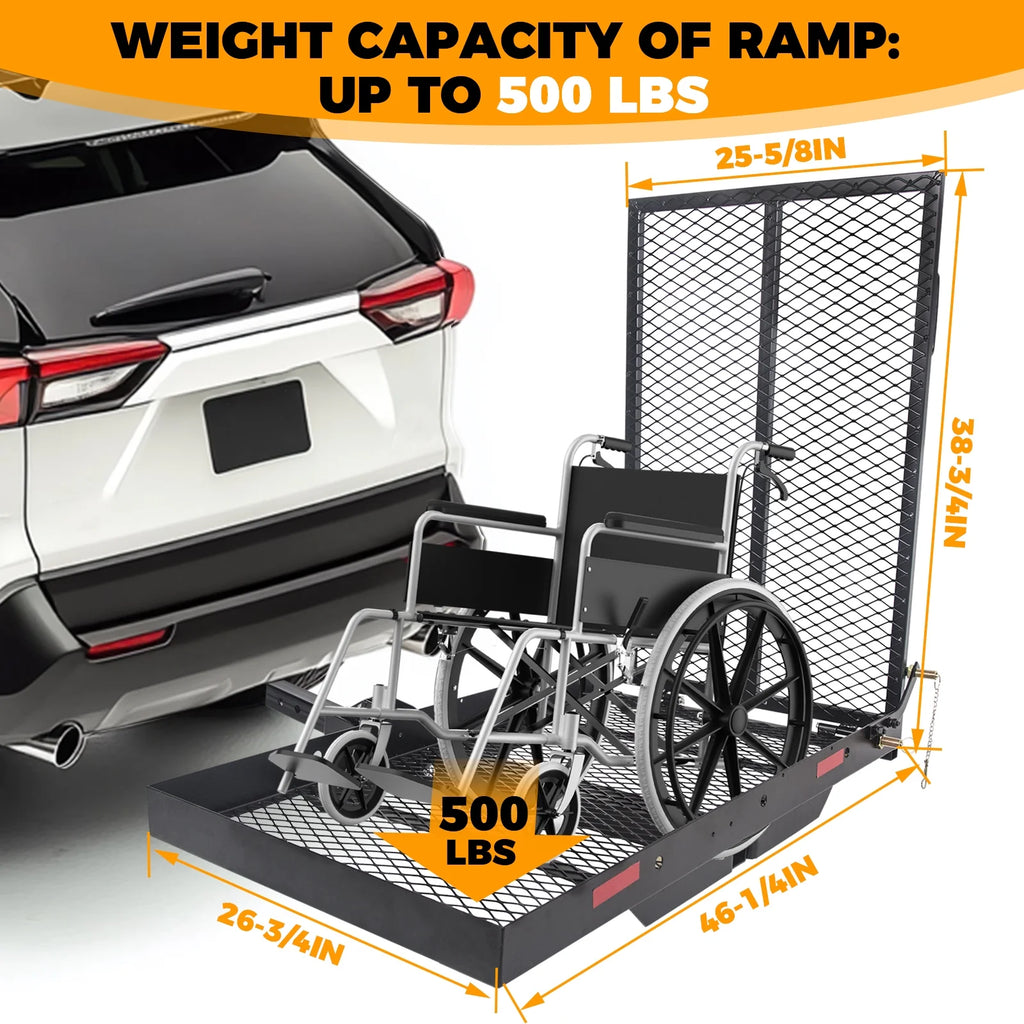 Porte-bagages à attelage HECASA pour scooter de mobilité et fauteuil roulant, avec rampe de chargement, panier à bagages et lève-personne médical pour personnes à mobilité réduite