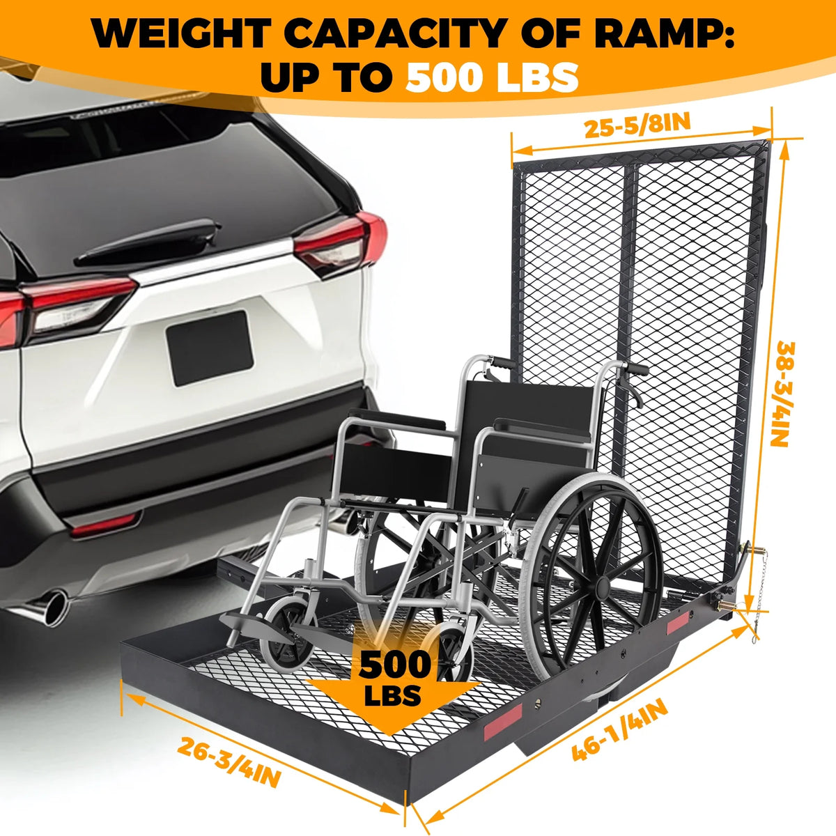 Porte-bagages à attelage HECASA pour scooter de mobilité et fauteuil roulant, avec rampe de chargement, panier à bagages et lève-personne médical pour personnes à mobilité réduite