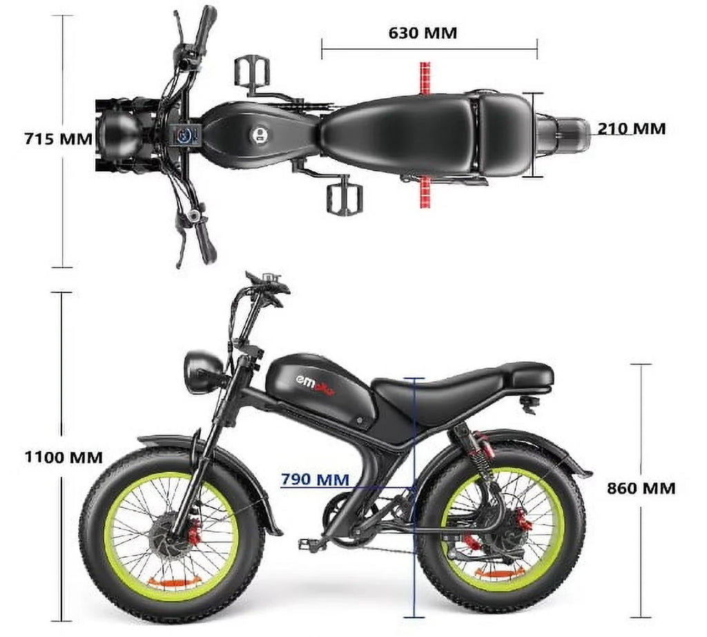 Vélo électrique EMOKO C93 - Double moteur 2000 W - Batterie amovible 23 Ah - Jusqu'à 100 km d'autonomie - Vitesses Shimano à 7 rapports - Frein hydraulique - Roues de 20 pouces, couleur bleue