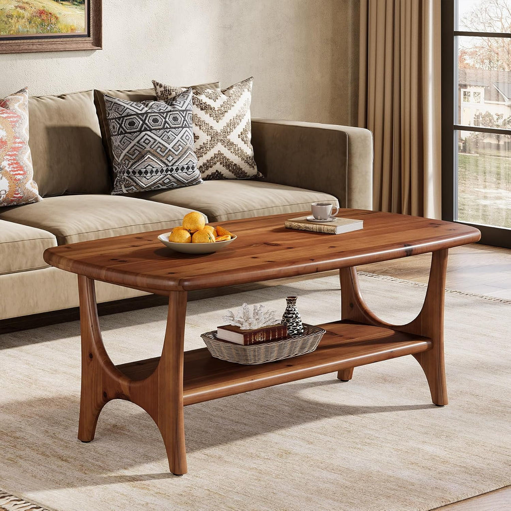 Table basse en bois massif Fimind, table basse rectangulaire moderne du milieu du siècle de 47,24 avec étagère de rangement à 2 niveaux pour salon, petits espaces