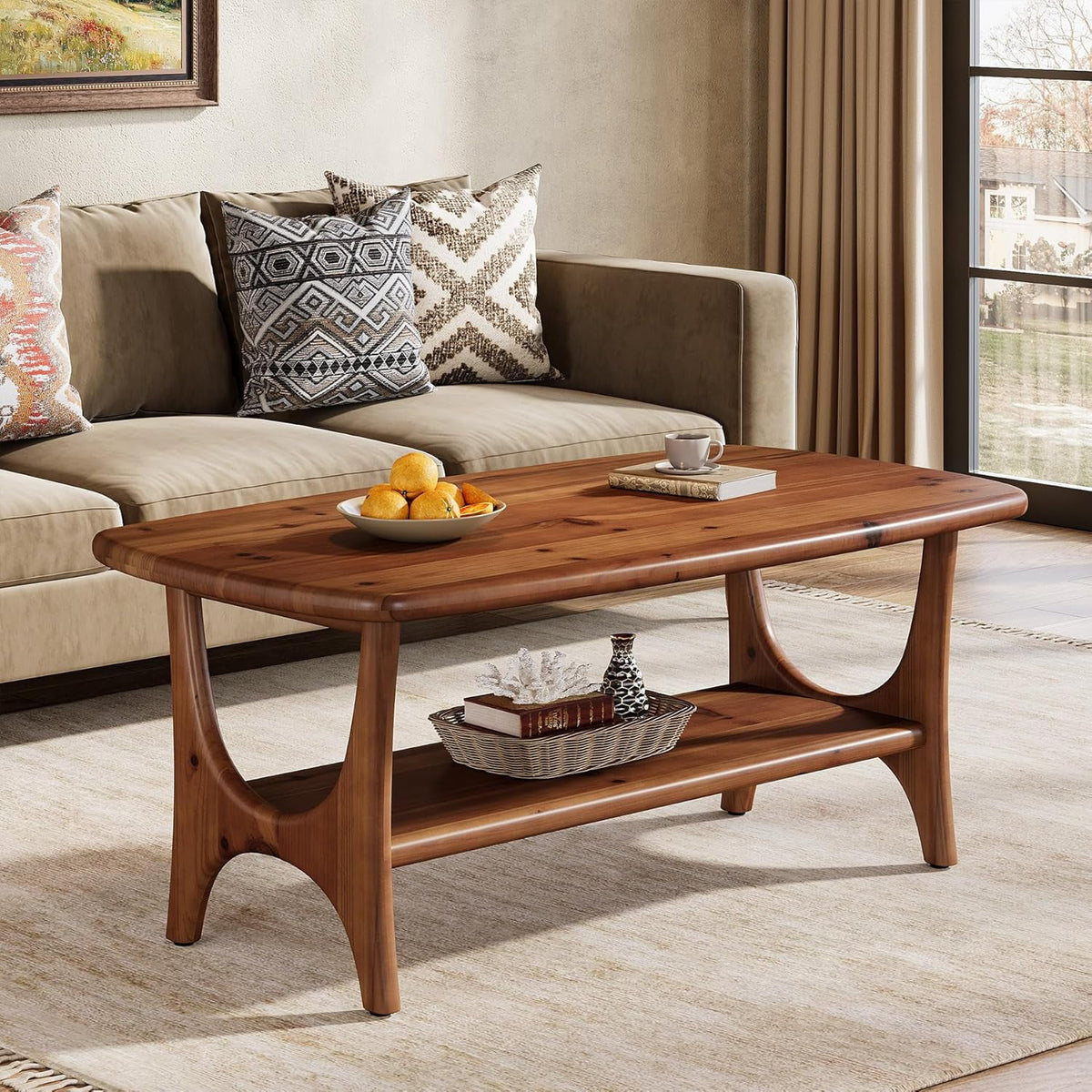 Table basse en bois massif Fimind, table basse rectangulaire moderne du milieu du siècle de 47,24 avec étagère de rangement à 2 niveaux pour salon, petits espaces