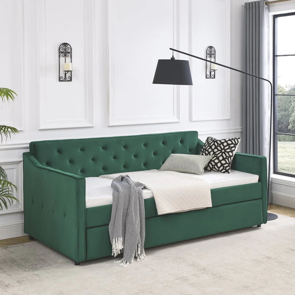 Lit de repos 1 place avec lit gigogne, cadre de lit moderne capitonné à boutons et rembourré en lin, avec lit gigogne coulissant, meuble de chambre à coucher, salon ou chambre d’amis, vert