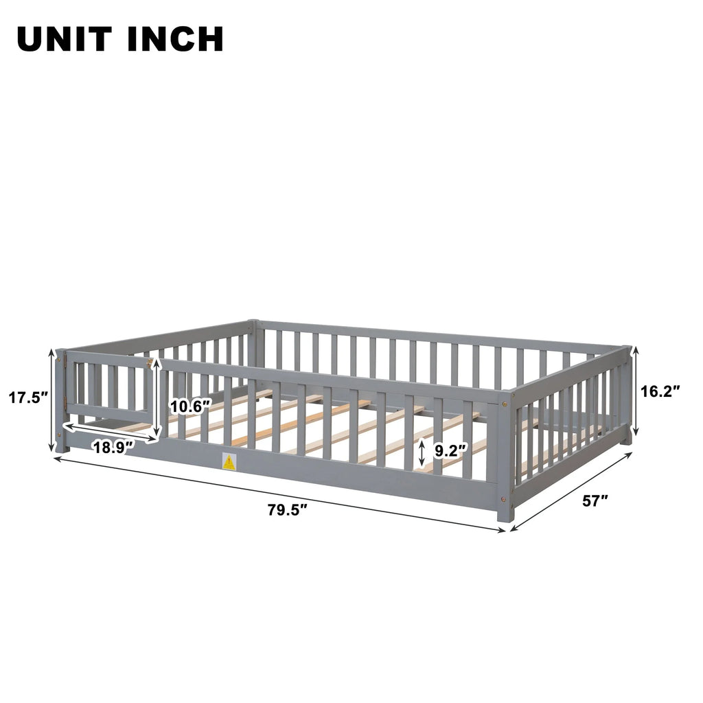 uhomepro Cadre de lit au sol en bois 2 places avec barrière et porte pour enfants et tout-petits, Gris