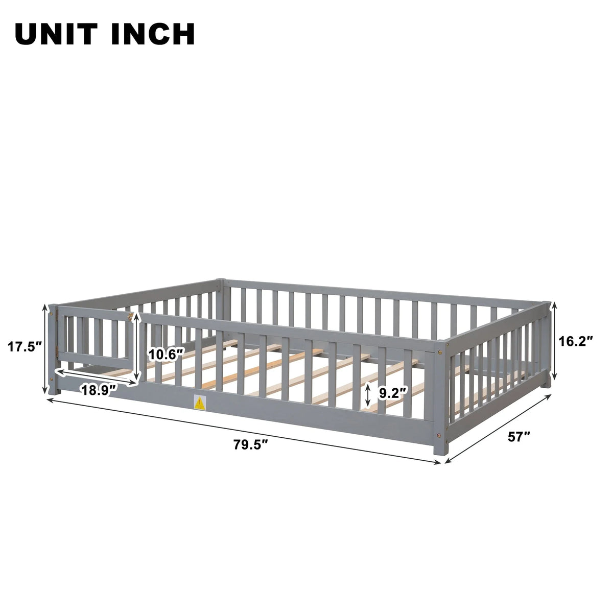 uhomepro Cadre de lit au sol en bois 2 places avec barrière et porte pour enfants et tout-petits, Gris