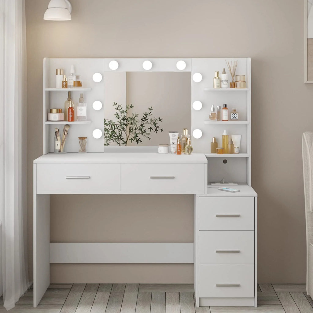 Coiffeuse de maquillage avec miroir et éclairage, 3 couleurs de lumière, table de toilette pour chambre avec station de charge, coiffeuse blanche avec 5 tiroirs de rangement et étagères ouvertes
