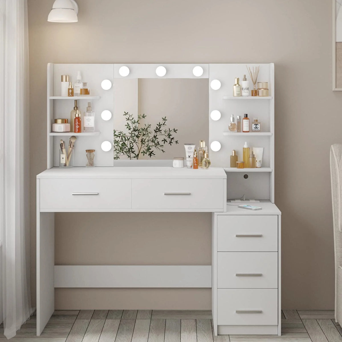 Coiffeuse de maquillage avec miroir et éclairage, 3 couleurs de lumière, table de toilette pour chambre avec station de charge, coiffeuse blanche avec 5 tiroirs de rangement et étagères ouvertes