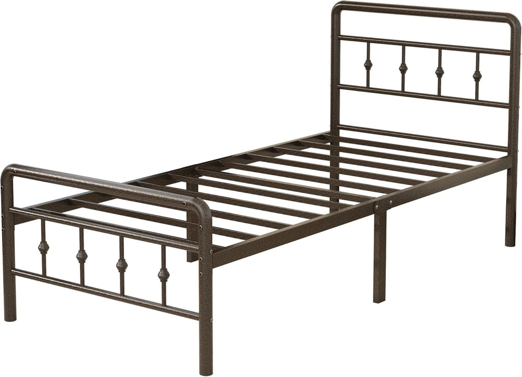 Cadre de lit simple XL de 16 pouces avec tête et pied de lit, plateforme classique en métal sans sommier requis, support de matelas robuste en fer artistique de style victorien, rangement sous le lit, marron