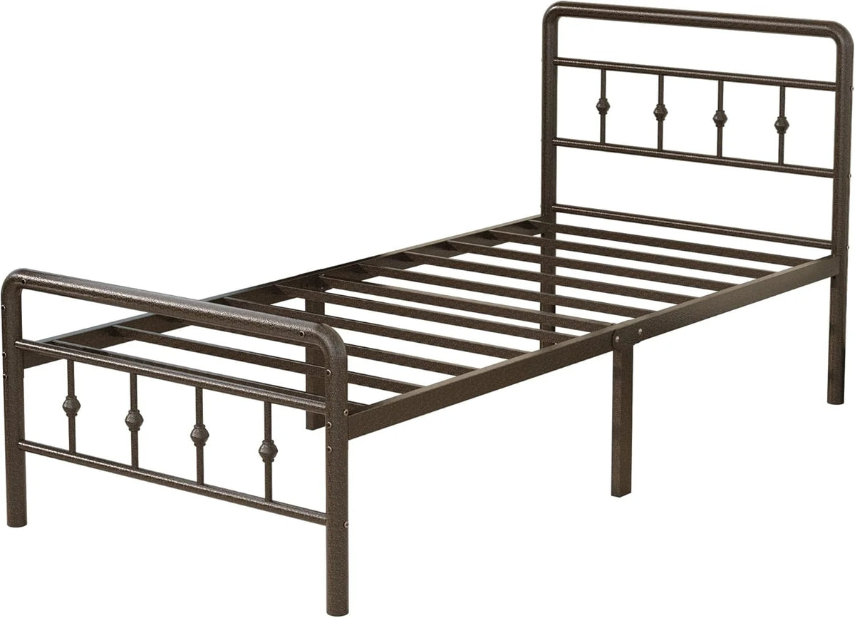 Cadre de lit simple XL de 16 pouces avec tête et pied de lit, plateforme classique en métal sans sommier requis, support de matelas robuste en fer artistique de style victorien, rangement sous le lit, marron