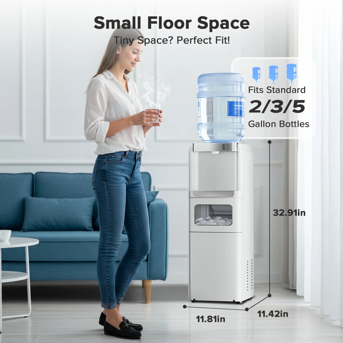 LHRIVER Distributeur d’eau 2-5 gallons & Machine à glaçons 6 min, 3-en-1 Chaud/Froid/Glace, Verrouillage enfant & Économe en énergie, pour Maison/Bureau, Noir