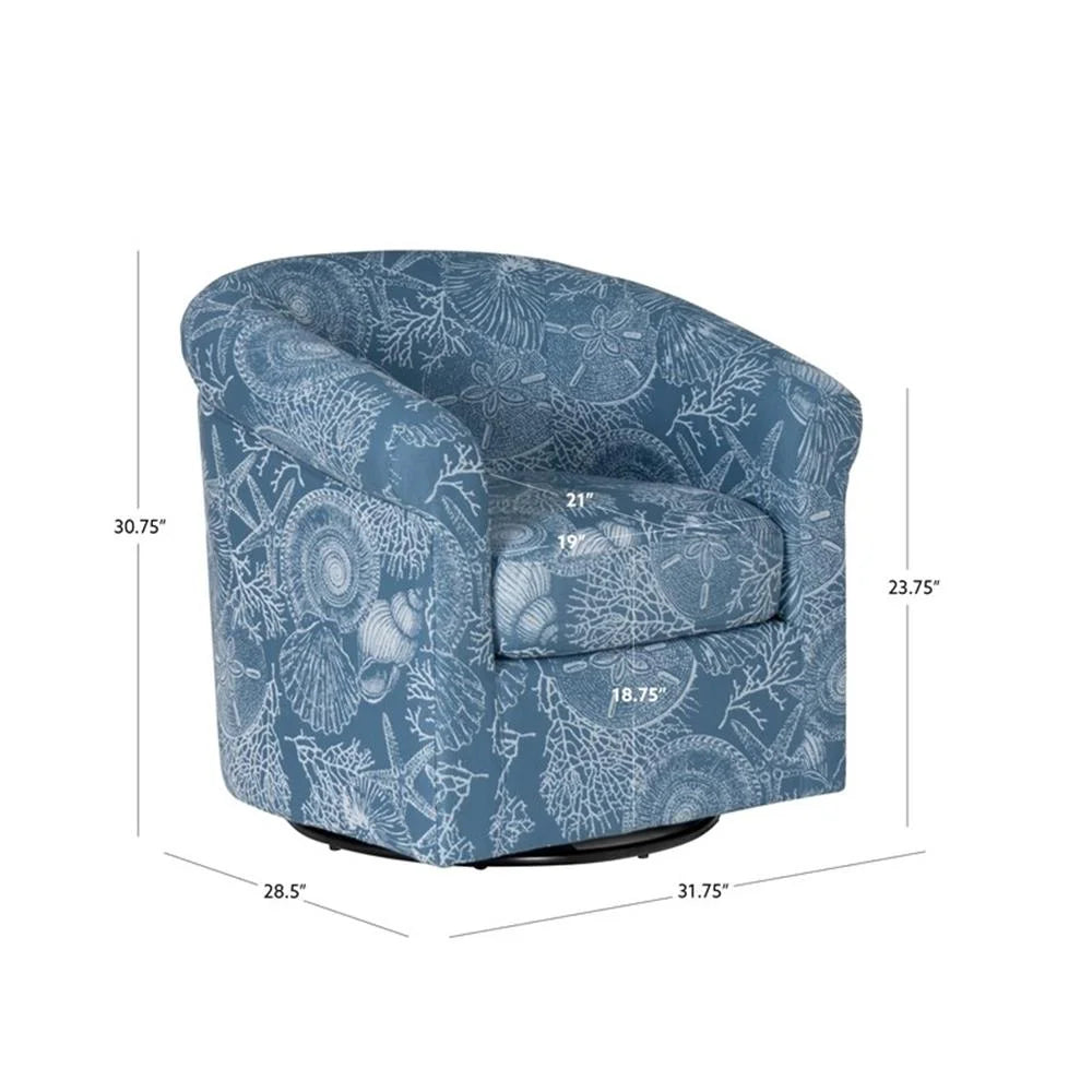 Fauteuil club pivotant entièrement rembourré Linon Rhea, motif coquillages bleus, style côtier