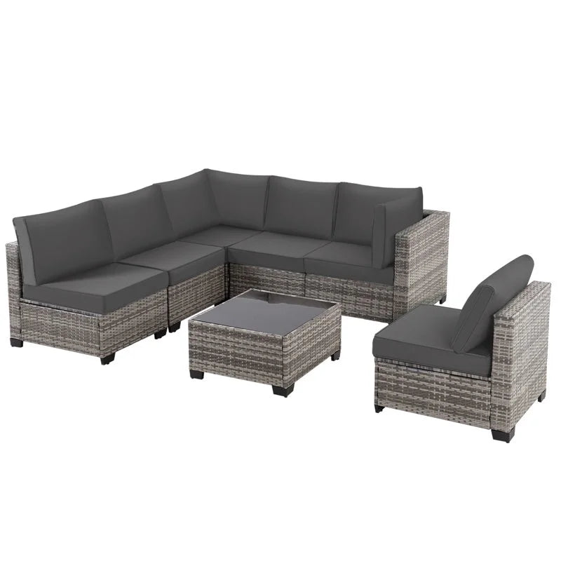 Salon de jardin Ainfox 7 pièces en promotion, canapé en rotin gris avec coussins gris
