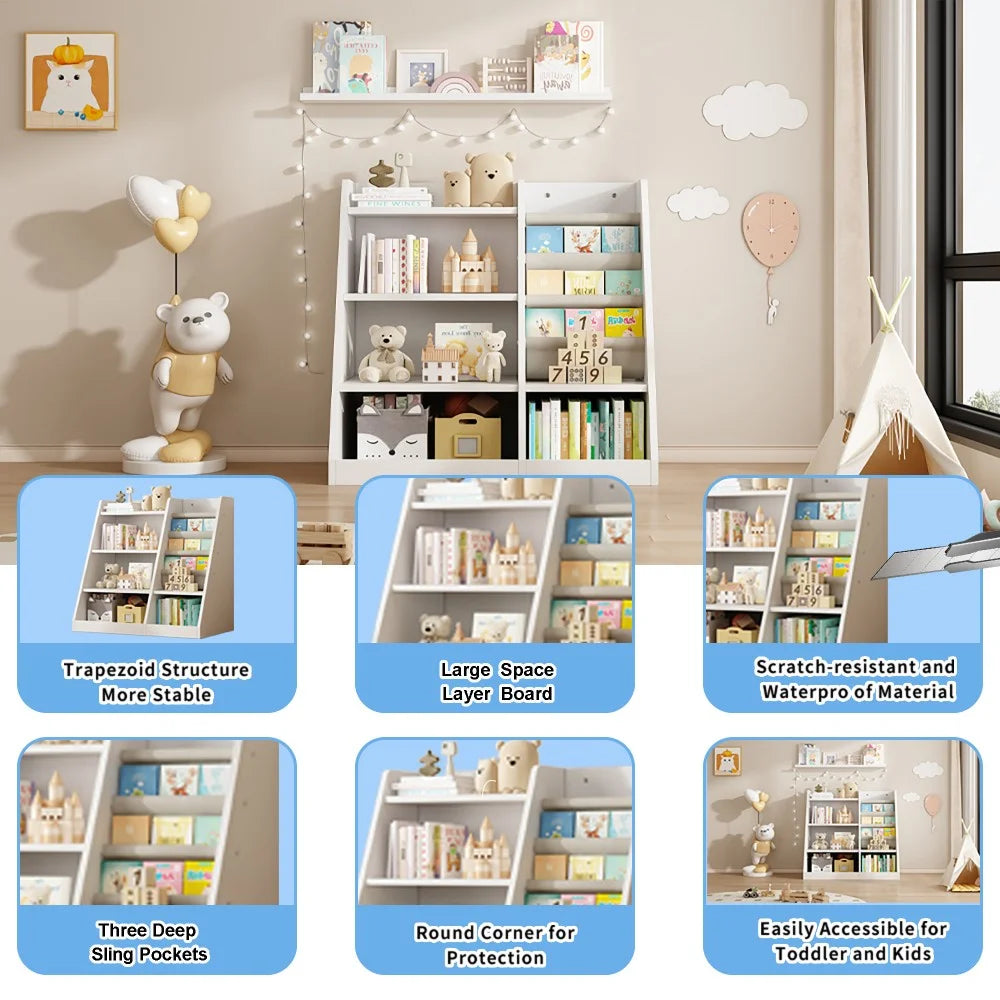 IVV Bibliothèque Montessori pour enfants, Bibliothèque moderne en bois à 4 niveaux, Étagère à livres et jouets pour enfants, Support d’étagère en tissu, Pour salle de classe, chambre, chambre de bébé ou salle de jeux (Rose)