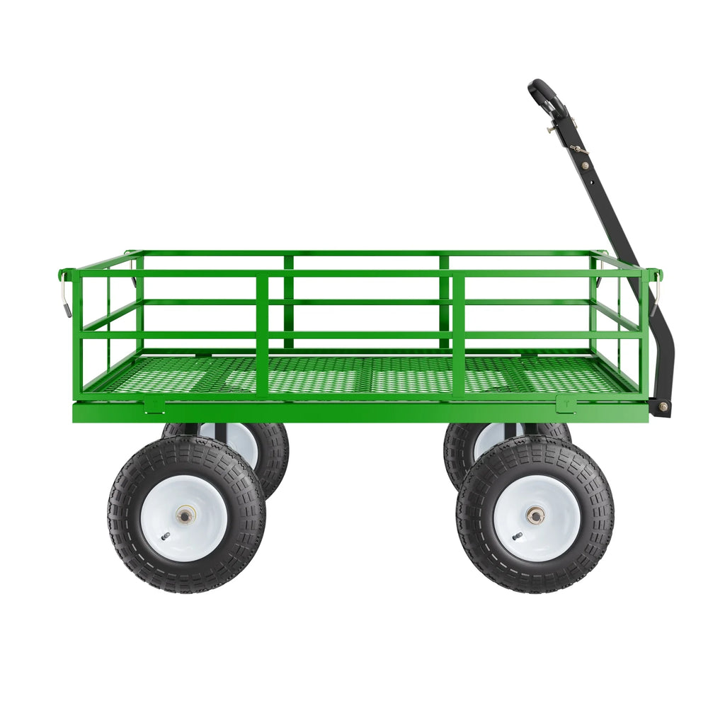 KFFKFF Chariot de jardin en acier grillagé 1200 Lbs, 43,3 x 29,5  Chariot utilitaire robuste, Chariot de jardin en métal à tirer avec pneus tout-terrain de 13', Côtés grillagés amovibles, Poignée pivotante 180° (Vert)