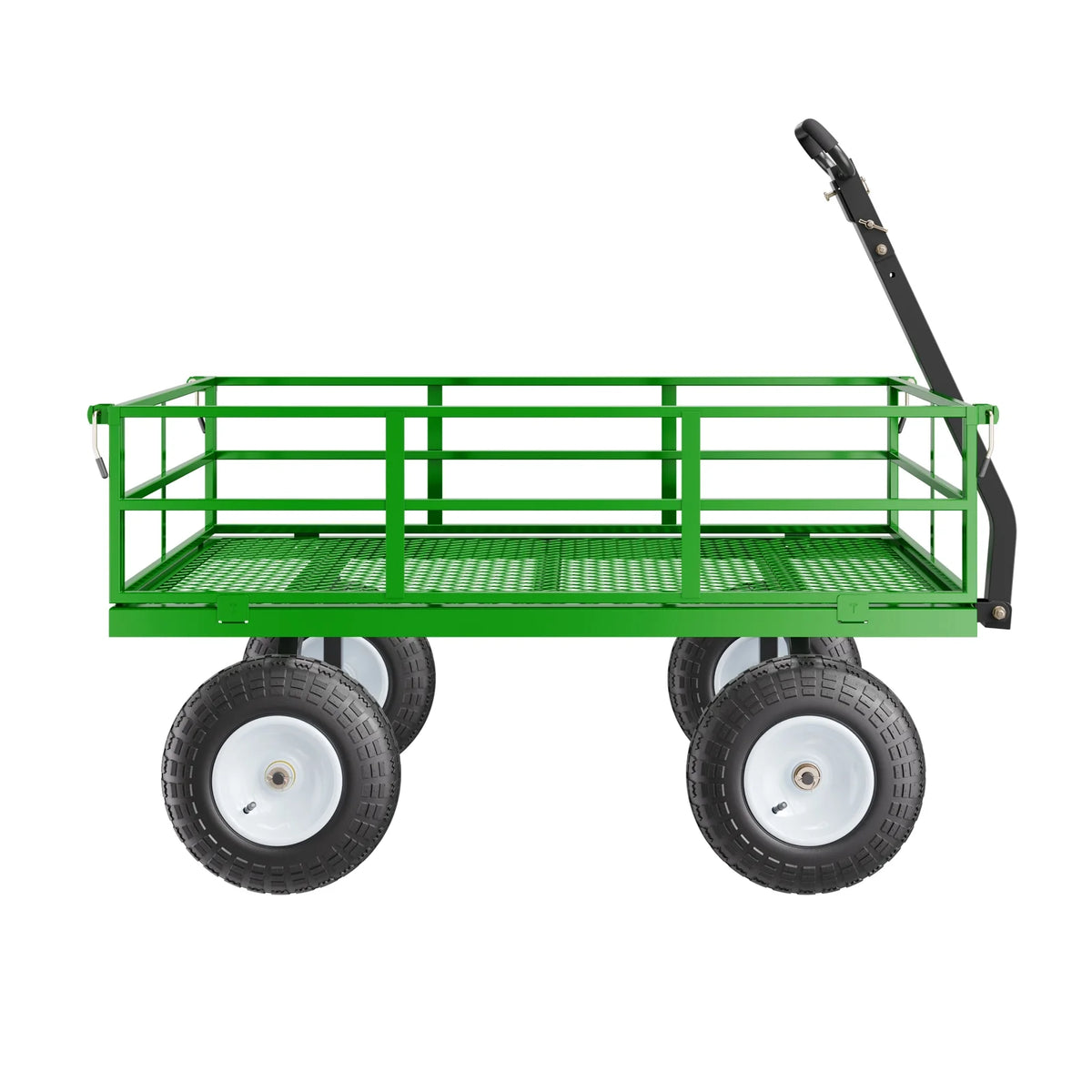 KFFKFF Chariot de jardin en acier grillagé 1200 Lbs, 43,3 x 29,5  Chariot utilitaire robuste, Chariot de jardin en métal à tirer avec pneus tout-terrain de 13', Côtés grillagés amovibles, Poignée pivotante 180° (Vert)