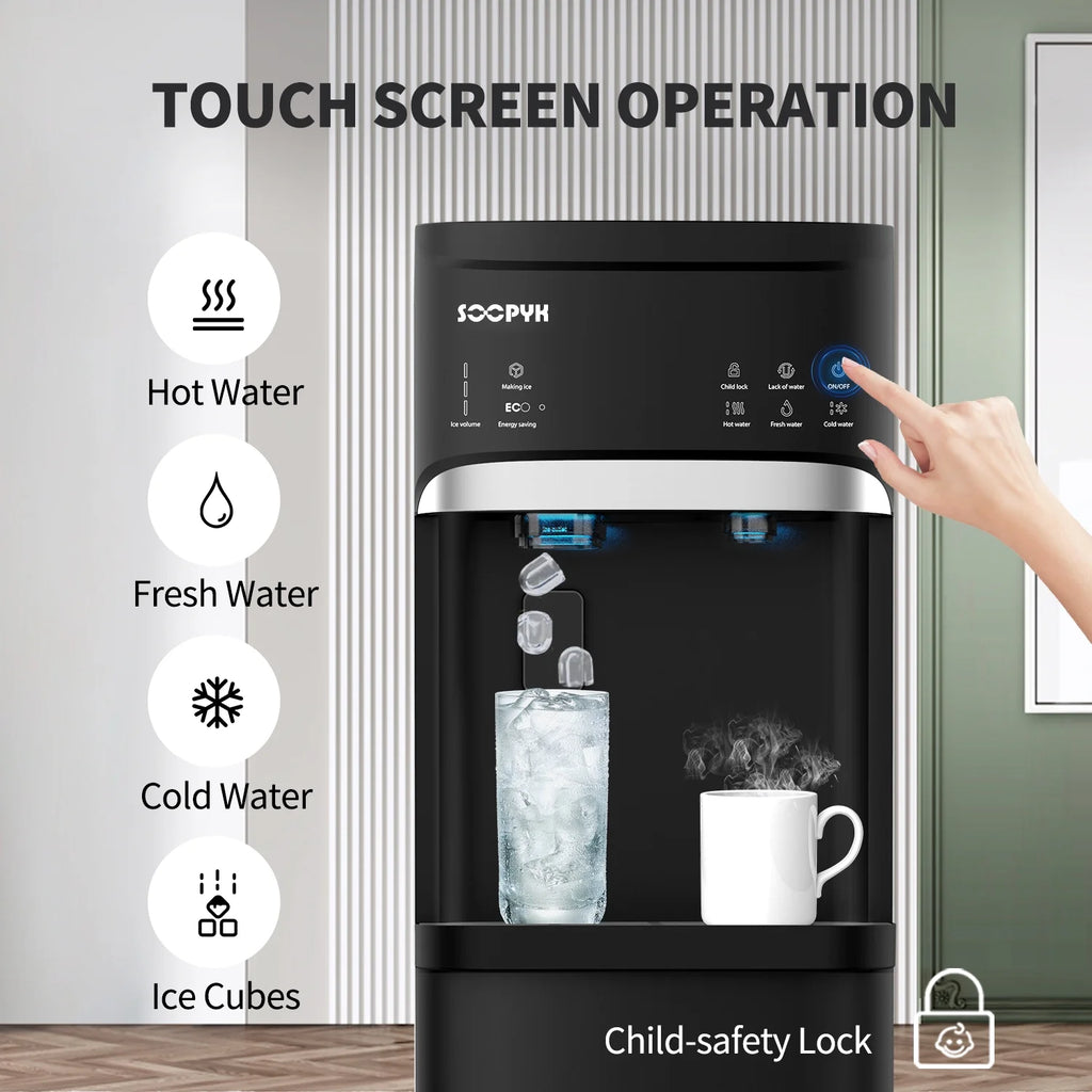 SOOPYK Distributeur d’eau chaude et froide 3-en-1 avec machine à glaçons à chargement inférieur pour bonbonne de 3 ou 5 gallons, capacité quotidienne de 22 lb, glaçons en forme de balle, noir