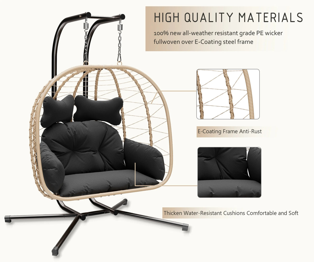 Bifanuo Fauteuil œuf balancelle double en osier, canapé suspendu pliant avec support, coussins amovibles résistants aux UV, capacité de 700 lb pour chambre, balcon (noir et beige)