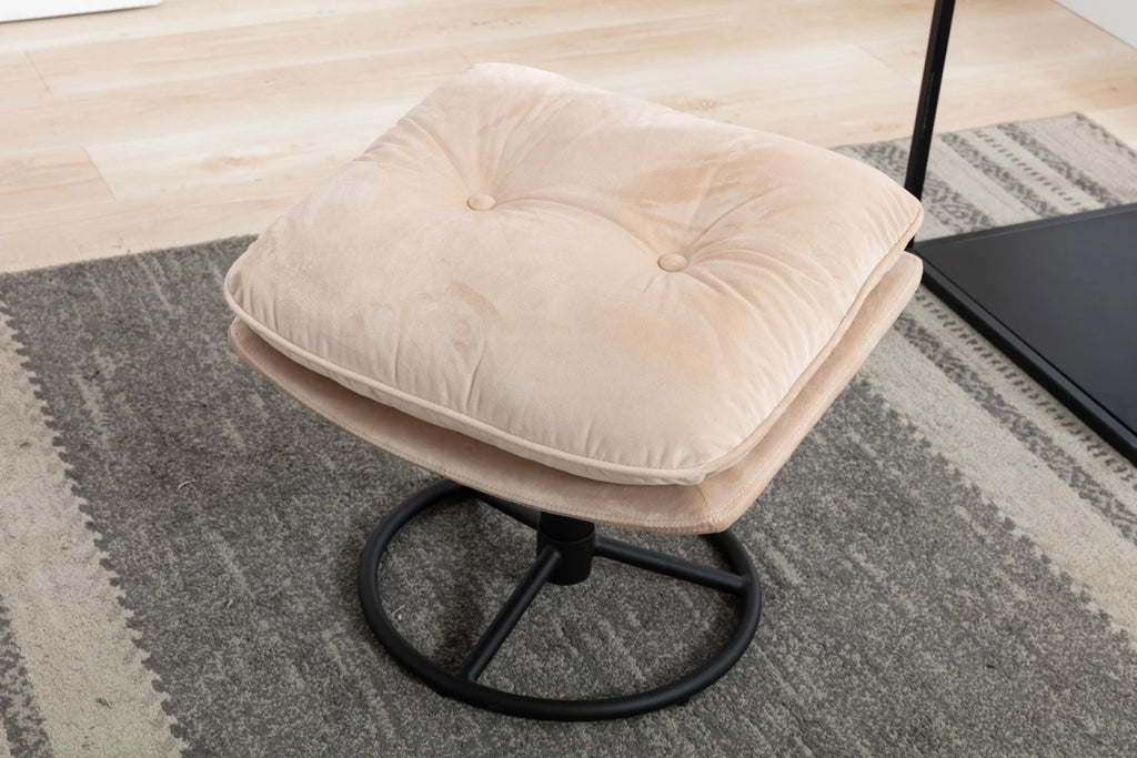 Fauteuil d'appoint pivotant en velours avec pouf, fauteuil méridienne moderne avec structure en métal et repose-pieds, fauteuil confortable pour la lecture, salon, chambre, bureau, bleu