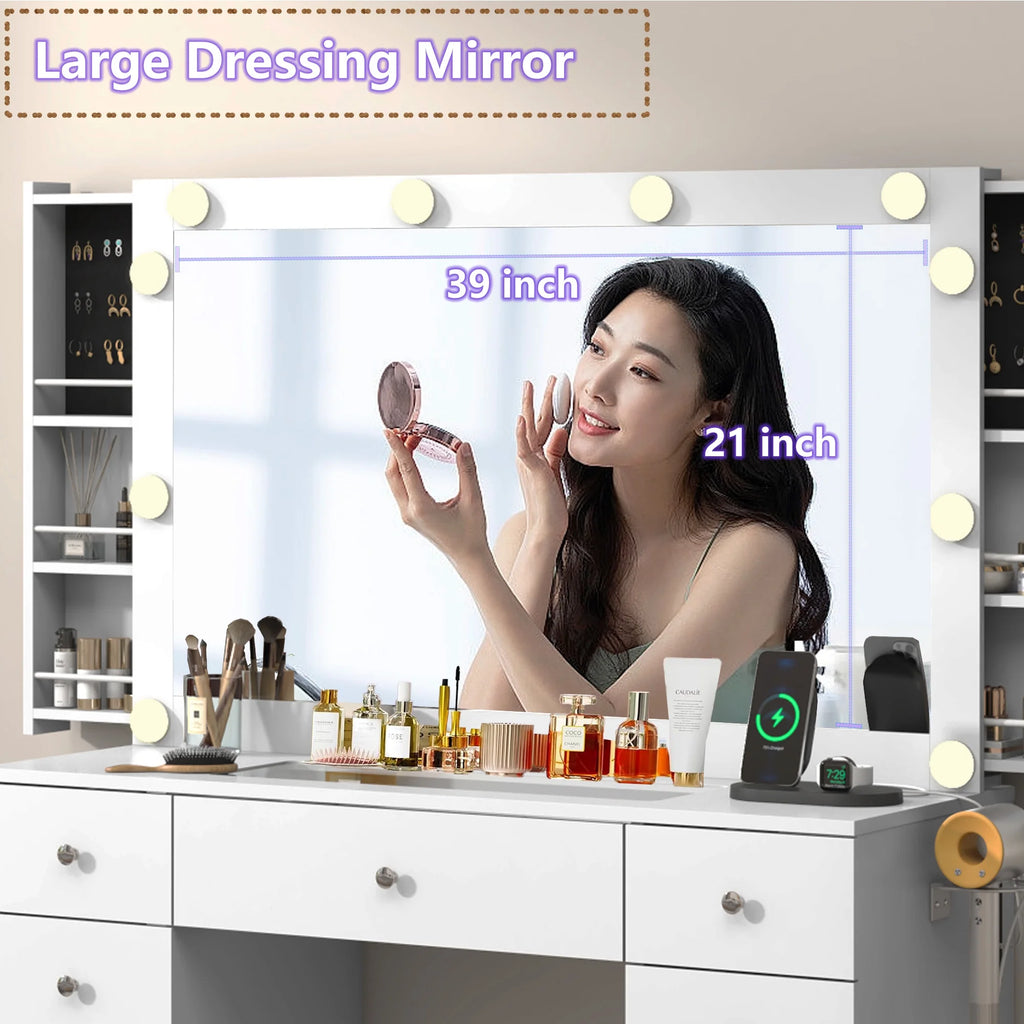 Coiffeuse blanche avec grand miroir lumineux et prise électrique, table de maquillage avec plateau en verre et tiroirs, rangement coulissant, grande coiffeuse de maquillage de 44,1 pour femmes et filles, blanche