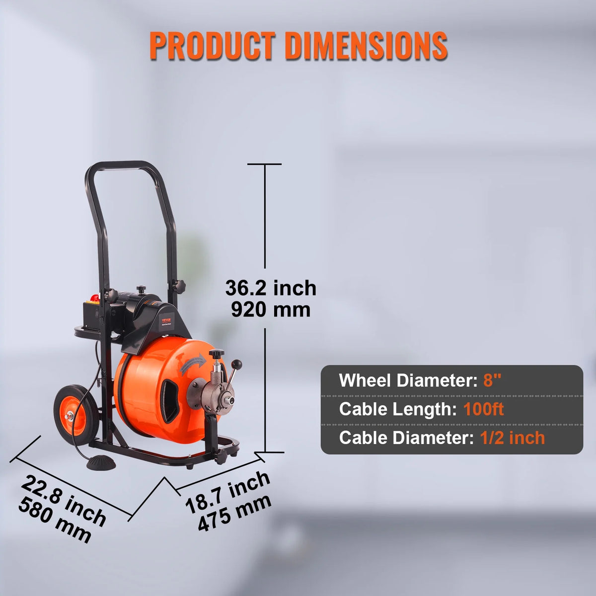 Déboucheur de canalisations VEVOR 30,5 m x 1/2 pouce, furet de canalisation à alimentation automatique avec 4 fraises et pédale de commande à air pour 1 à 4 tuyaux, orange, noir