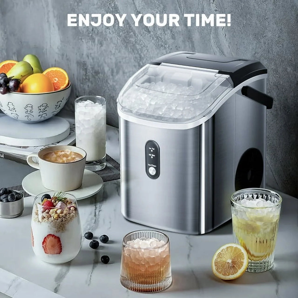 Machine à glaçons Auseo SS Nugget de comptoir avec glaçons tendres à mâcher, 35 lbs/24 h, autonettoyante, pelle à glaçons, acier inoxydable argenté, pour cuisine/bureau/fête