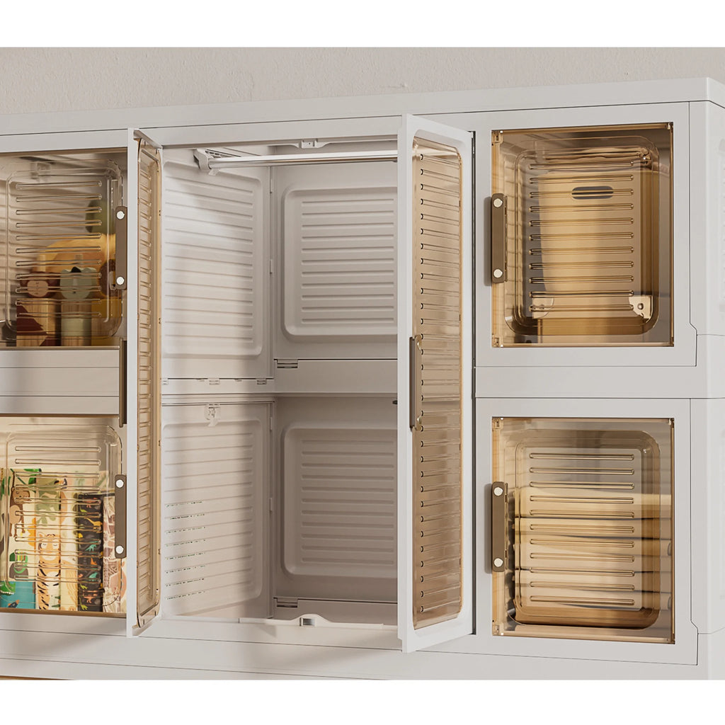 Penderie portable pour enfants Montary avec portes magnétiques et tringle – Meuble de rangement en plastique à 4 casiers pour chambre d'enfant