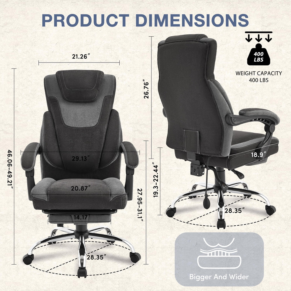 JONPONY Fauteuil de bureau Grande Taille 400lbs, Fauteuils de bureau de direction inclinables avec repose-pieds, Fauteuil de bureau à domicile à dossier haut Accoudoirs épais, Support lombaire ergonomique réglable, RoseBlanc