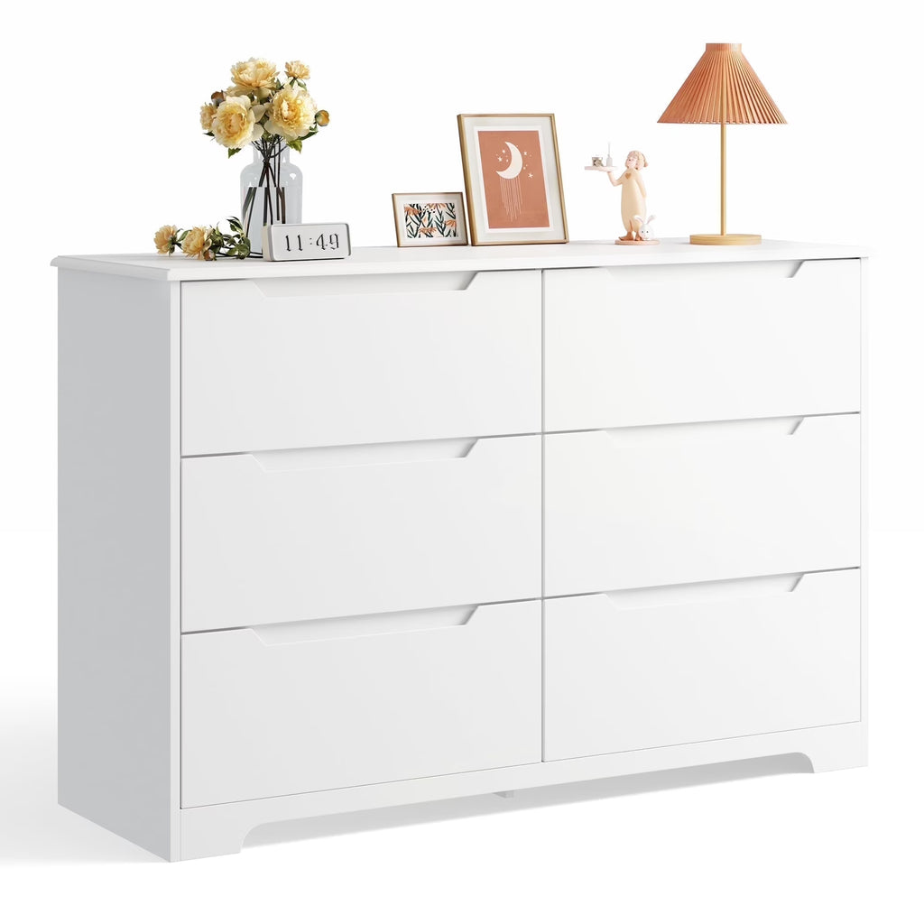 Commode pour chambre, commode double Lofka à 6 tiroirs avec poignées découpées, grande capacité de rangement, dispositif anti-basculement, commode moderne en bois, glissières métalliques fluides, blanc