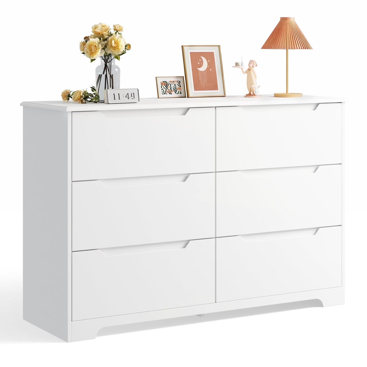 Commode pour chambre, commode double Lofka à 6 tiroirs avec poignées découpées, grande capacité de rangement, dispositif anti-basculement, commode moderne en bois, glissières métalliques fluides, blanc