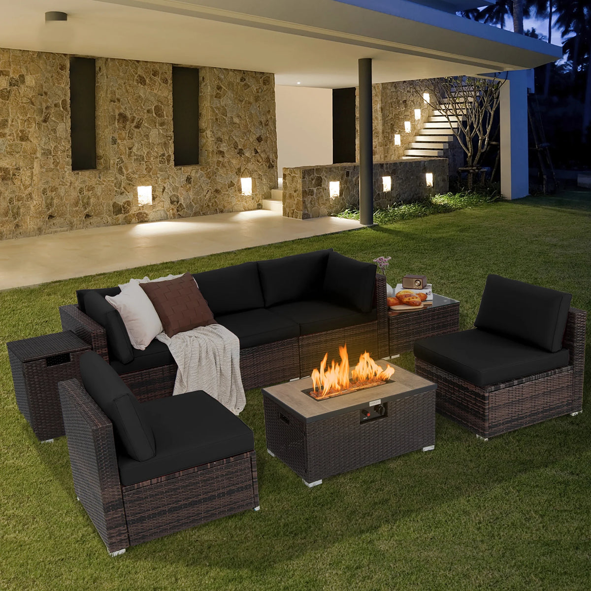 Costway Salon de Jardin en Rotin 8 Pièces avec Table Brasero et Couvercle Noir pour Terrasse