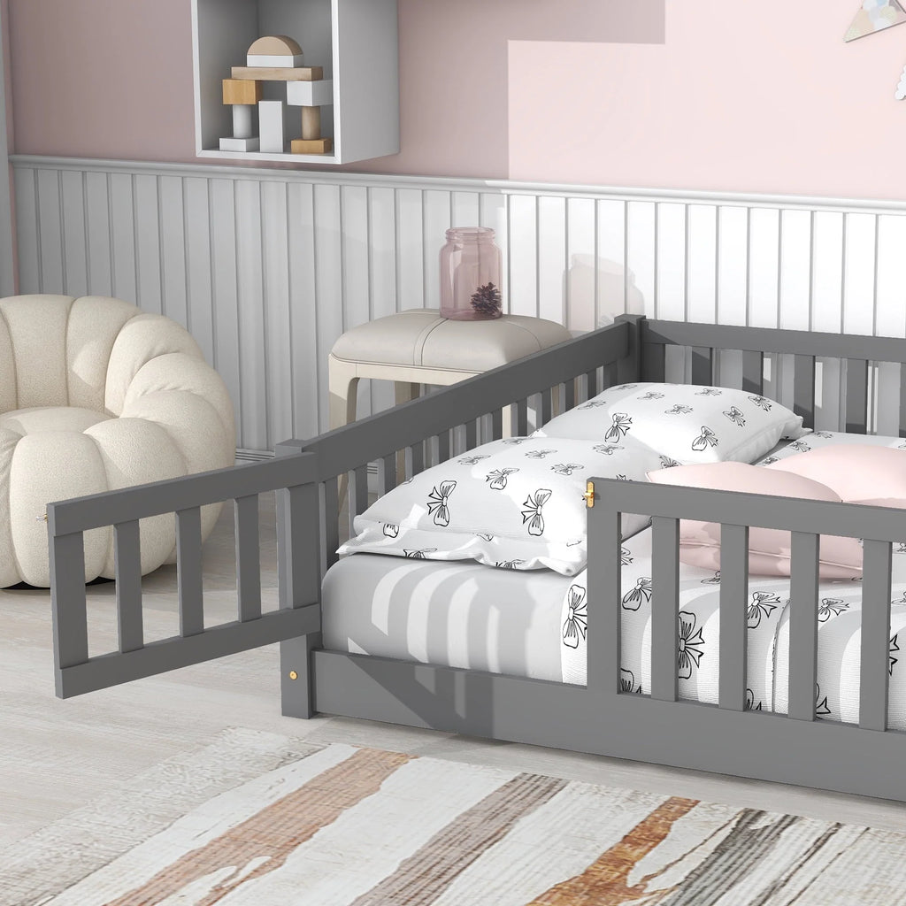 uhomepro Cadre de lit au sol en bois 2 places avec barrière et porte pour enfants et tout-petits, Gris