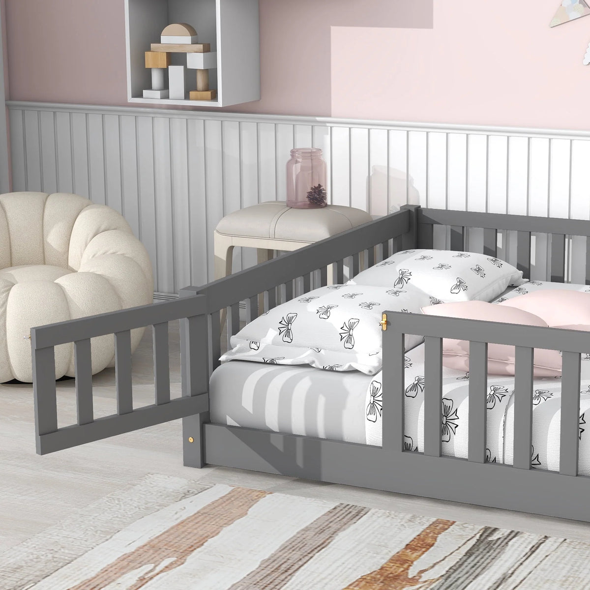 uhomepro Cadre de lit au sol en bois 2 places avec barrière et porte pour enfants et tout-petits, Gris