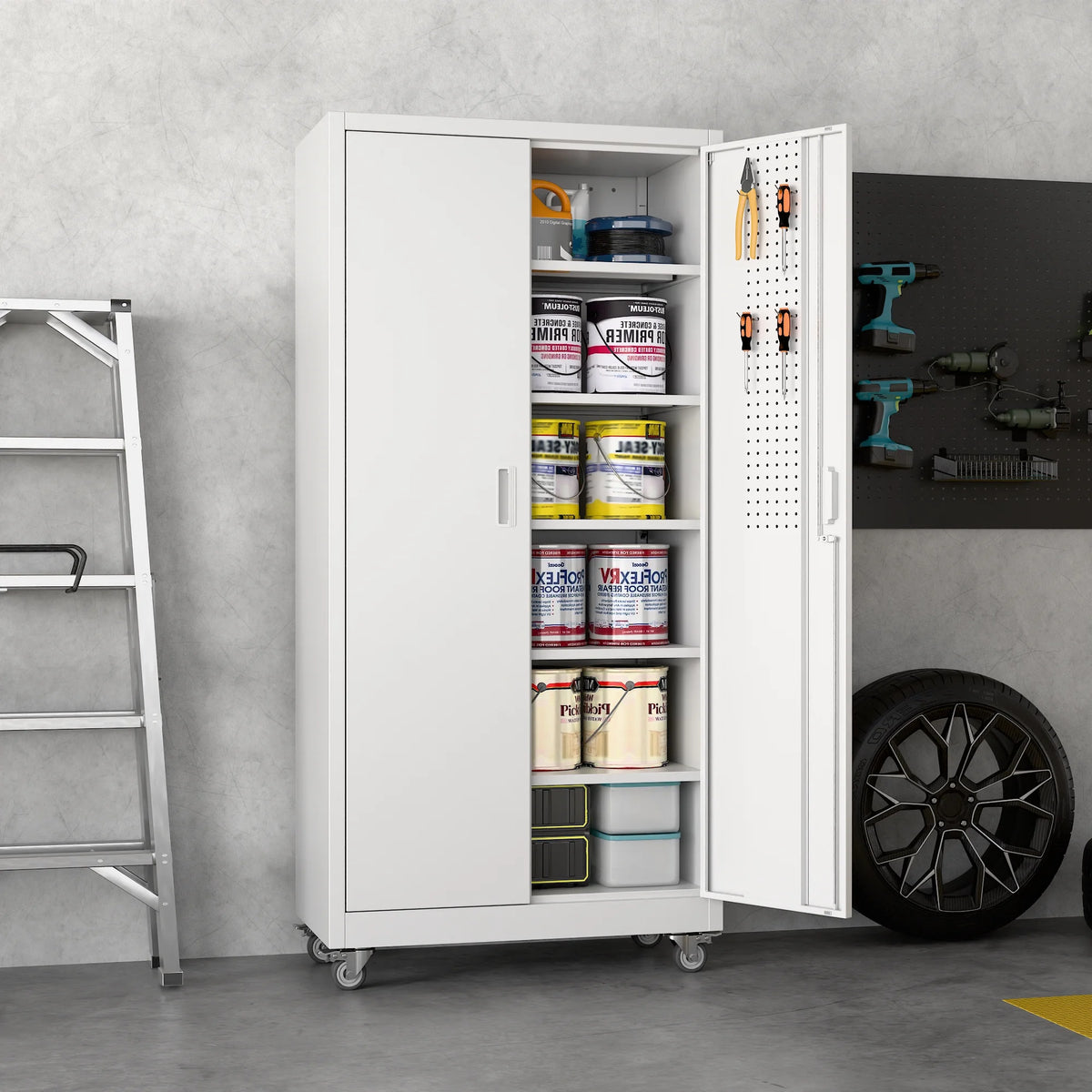 SUPEER Armoires de rangement métalliques à roulettes avec portes verrouillables et 5 étagères réglables, Armoire de rangement en acier pour garage, bureau, salle de classe, Assemblage requis(Noir)